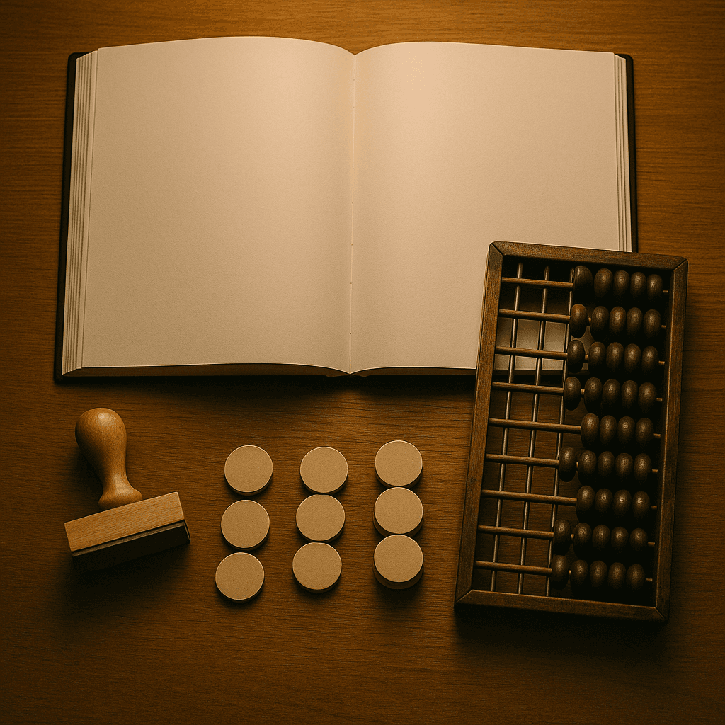 Final estate accounting concept with blank ledger, abacus, and token stacks.