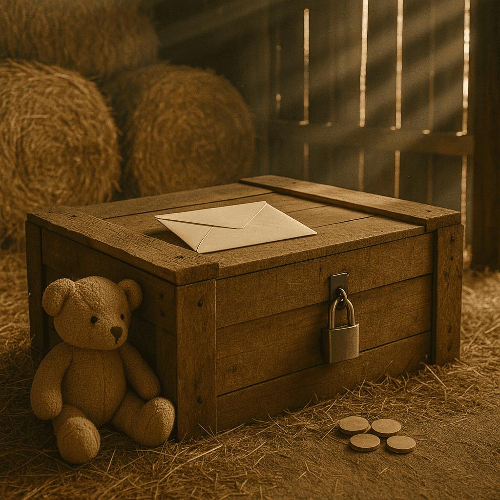 Illiquid estate concept in barn with locked crate and inheritance envelope for early cash