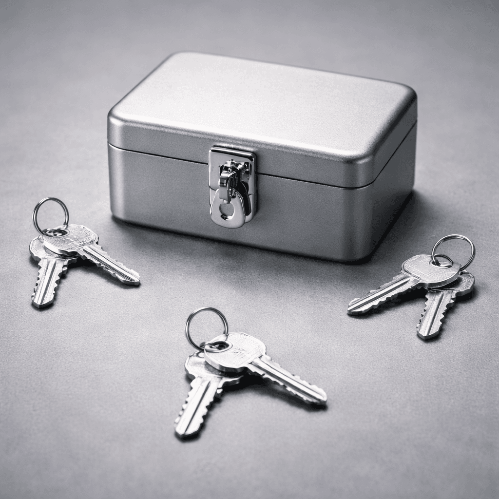 Multiple executors concept with three key sets around a single locked estate box