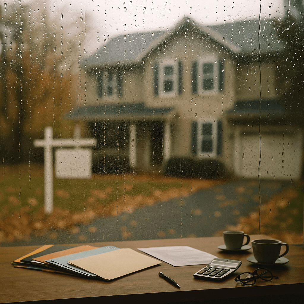 Rainy suburban home exterior representing financial uncertainty and how estate value changes affect probate advances