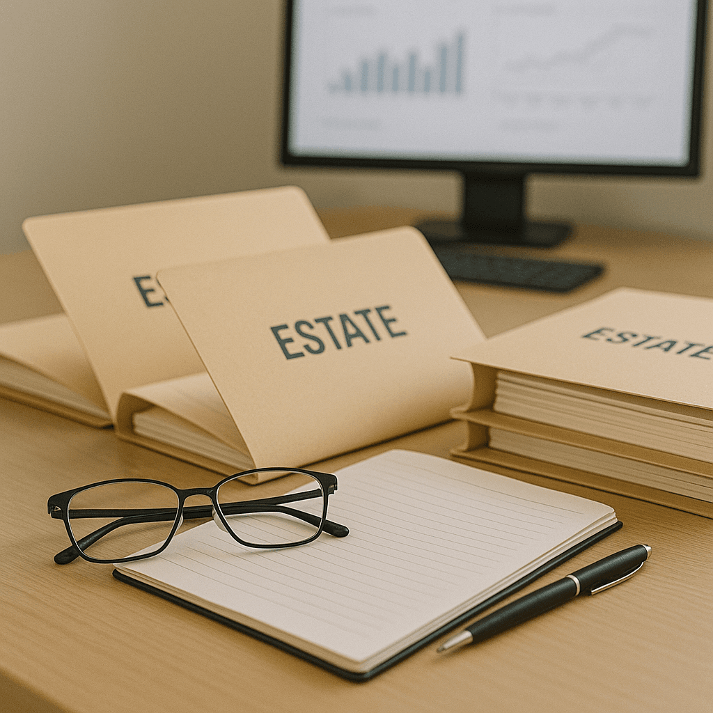Advisor’s workspace with documents representing review of probate advance offers