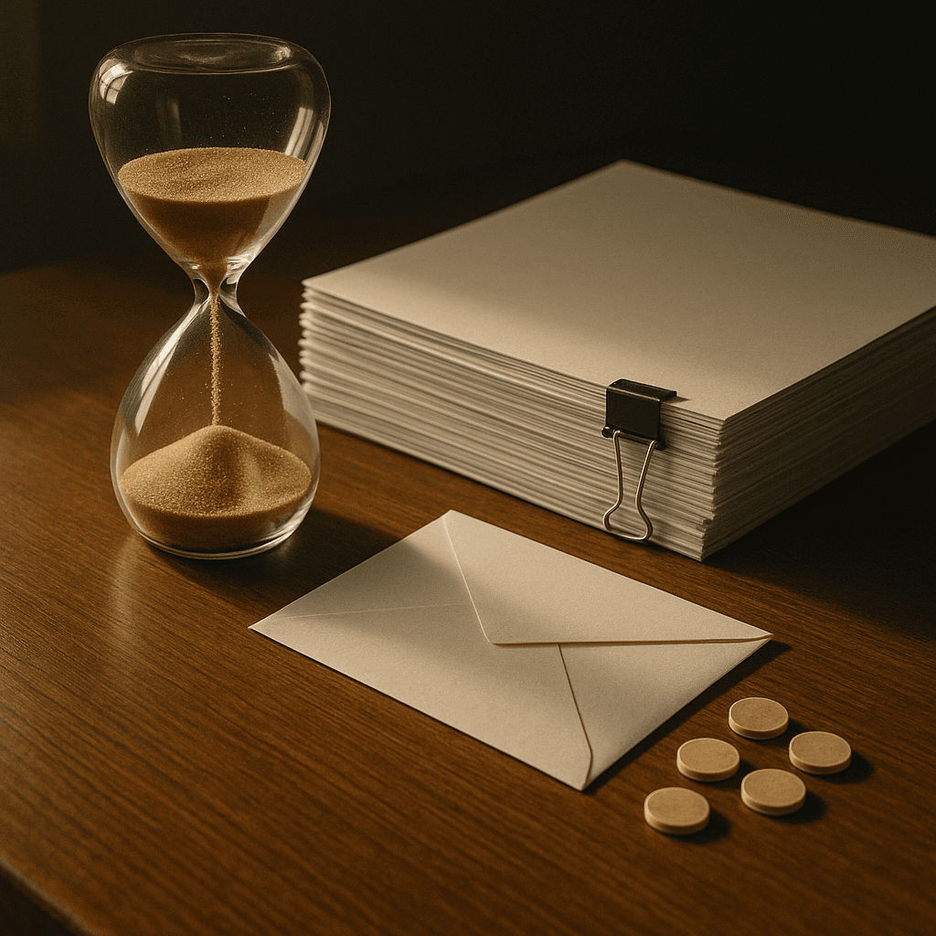 Estate tax deadlines concept with hourglass and sealed envelope to avoid selling assets