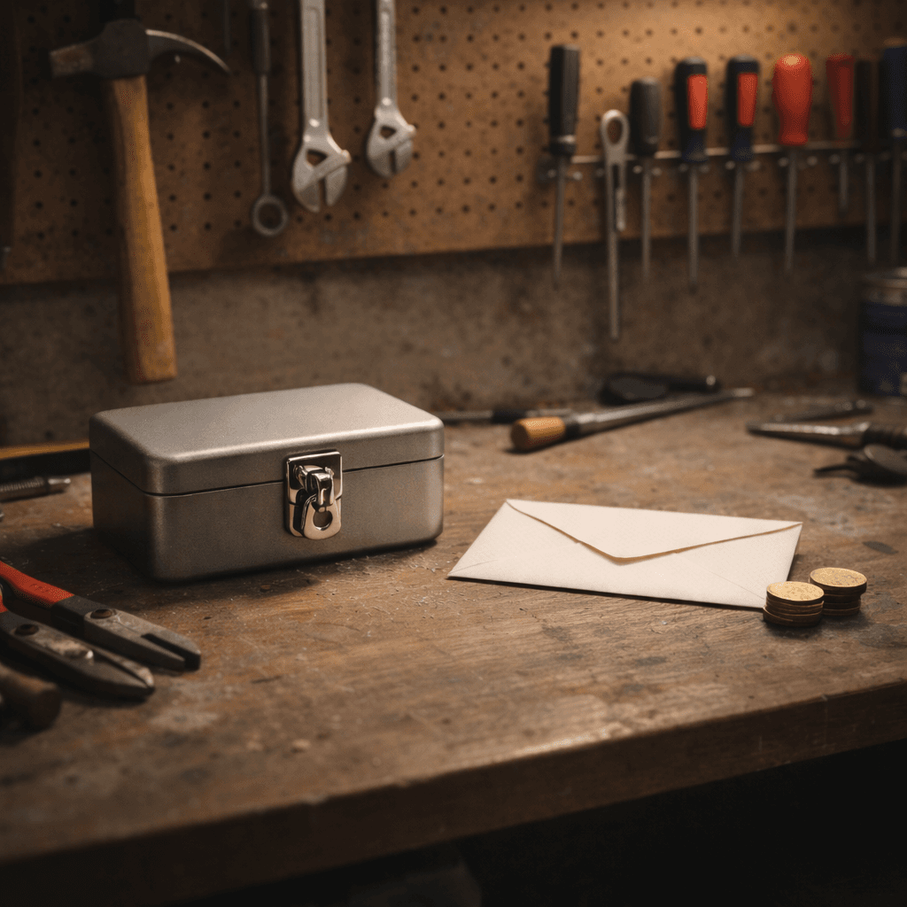 Family business during probate concept with workshop cash box and inheritance funding envelope.