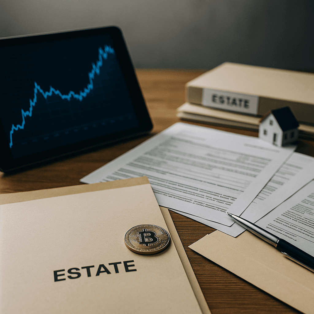 Office desk with digital coins symbolizing probate funding for crypto estates.