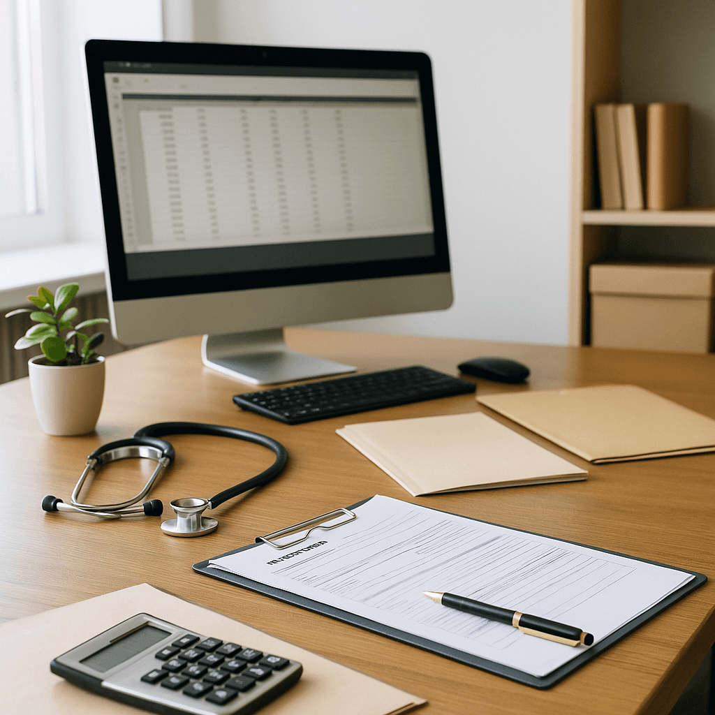 Home office with financial and medical paperwork illustrating how probate funding affects Medicaid eligibility