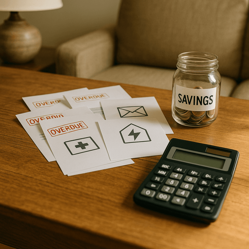Bills and calculator on table showing inheritance advances for urgent expenses.