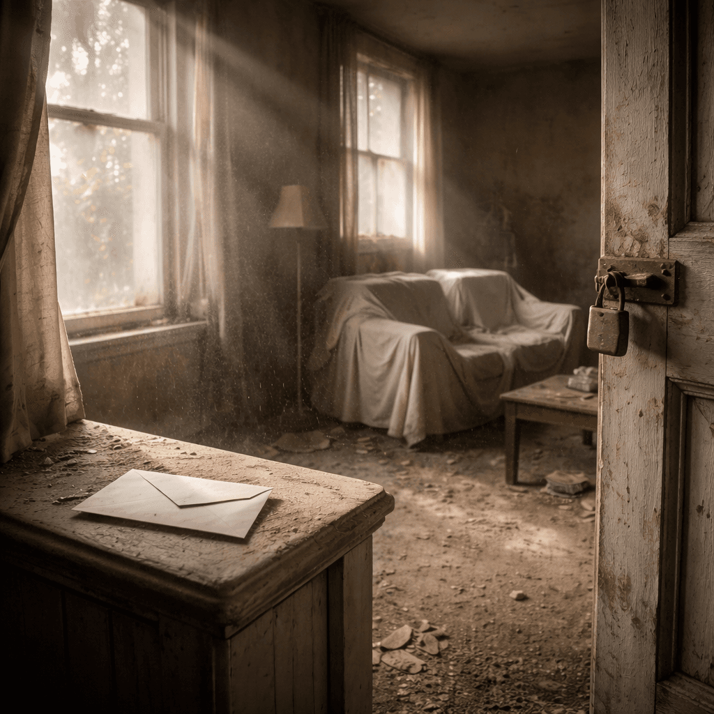 Vacant inherited property holding costs concept with dusty room, padlock, and funding envelope
