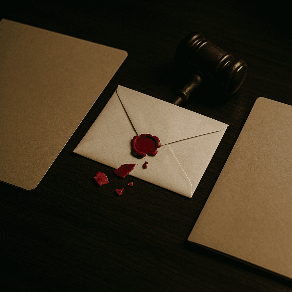 Contested will funding concept with opposing folders, broken wax seal, and gavel