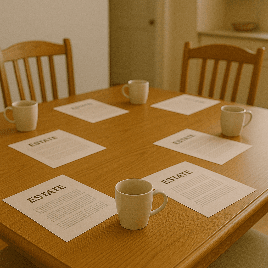 Estate papers on table representing peaceful family discussion on probate advances