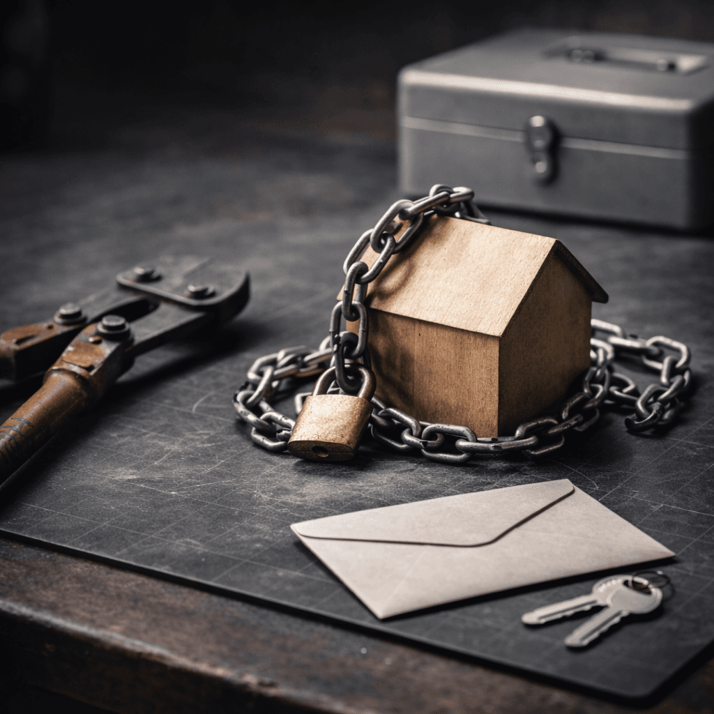 Exoneration of liens concept with chained house model, keys, and bolt cutters