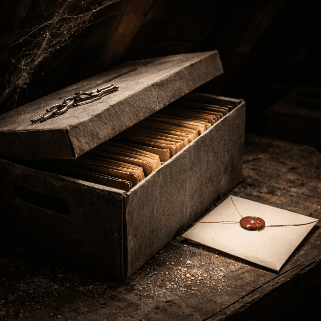 Reopened probate concept with dusty file box reopened and new inheritance funding envelope
