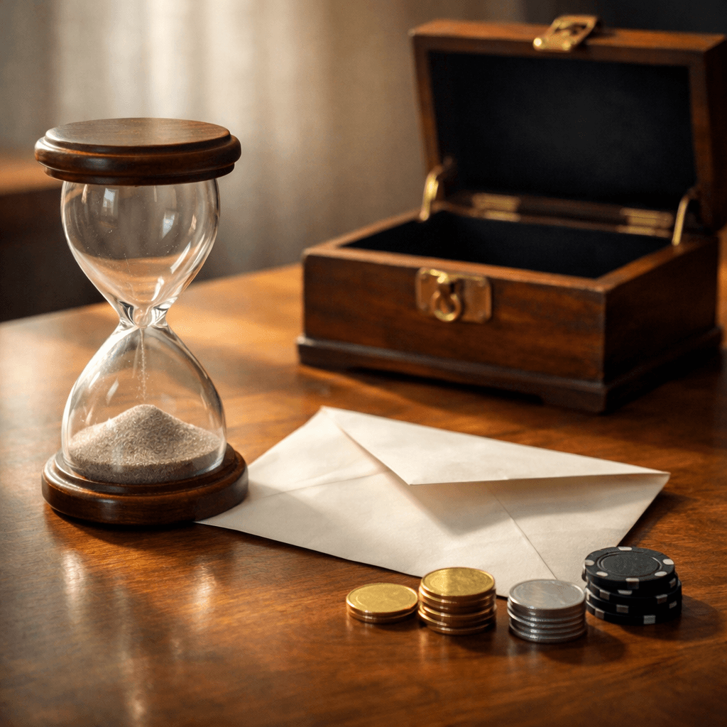Probate ends early concept with finished hourglass, opened envelope, and released assets