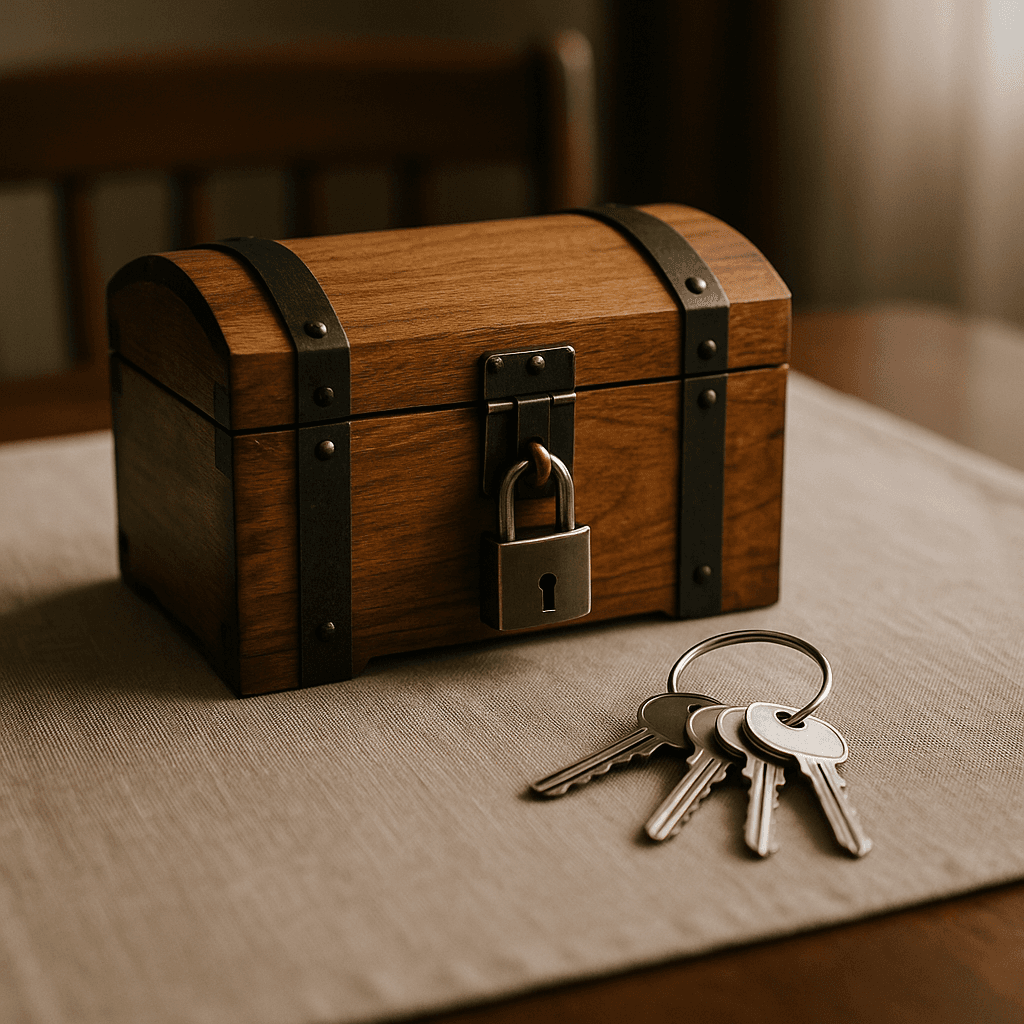 Trust beneficiaries inheritance advance concept with locked chest and multiple keys