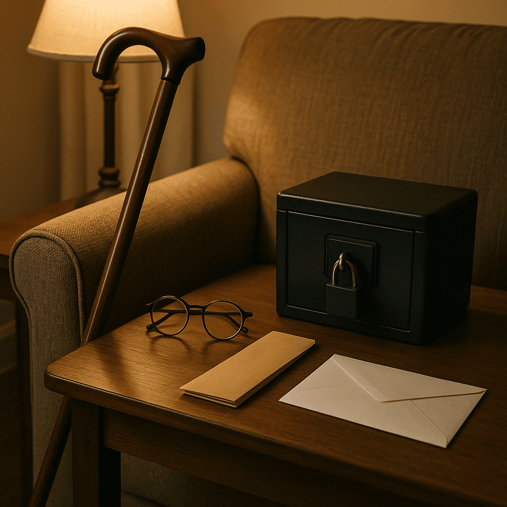 Financial protection for seniors concept with cane, lockbox, and inheritance envelope