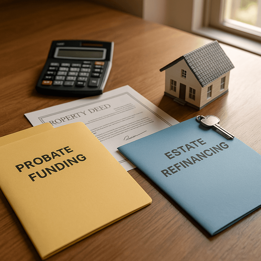 Office desk with financial documents comparing probate funding and estate refinancing options.