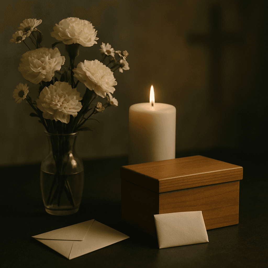 Funeral costs before probate closes concept with memorial flowers and sealed envelope
