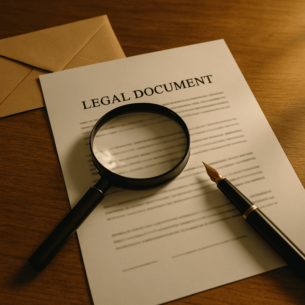 Magnifying glass over estate papers symbolizing review of inheritance advance terms