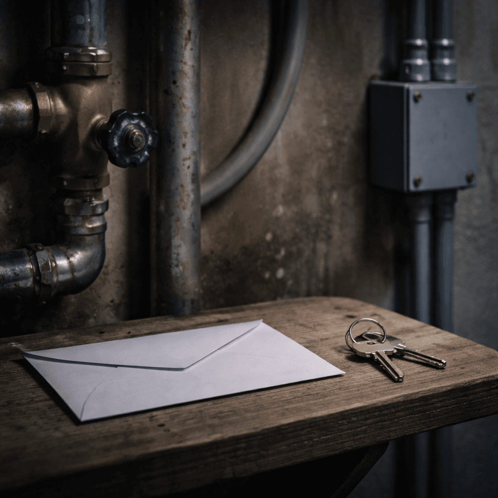 Estate utilities concept with utility room pipes and sealed inheritance funding envelope