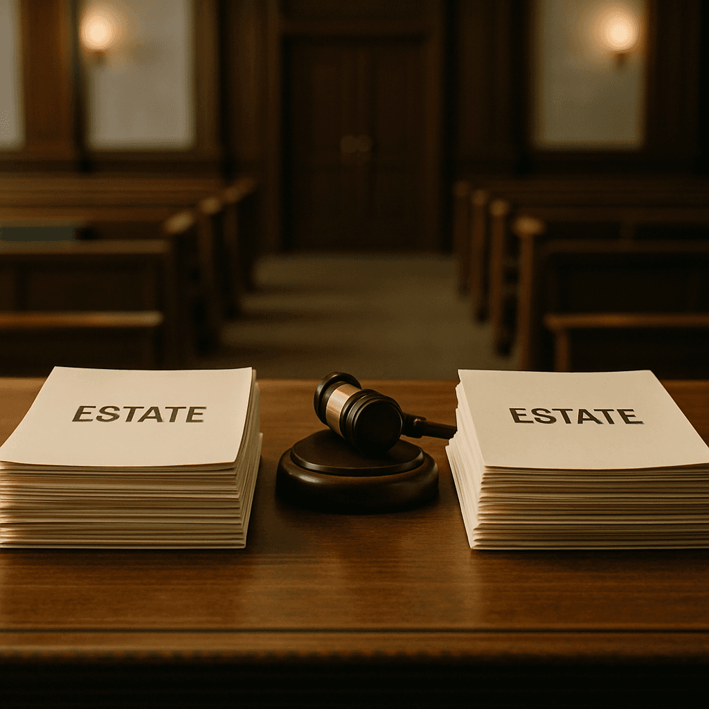 Gavel and opposing estate files illustrating funding options for contested probate cases
