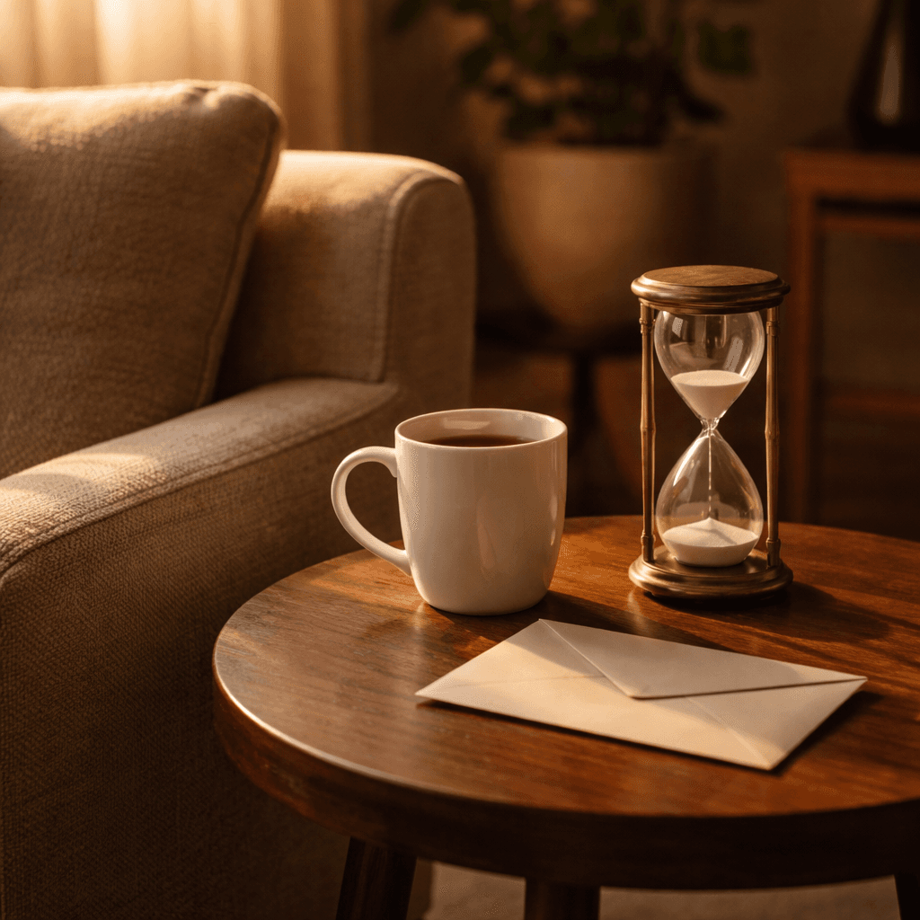 Buying time during probate concept with hourglass and inheritance advance envelope in a calm room