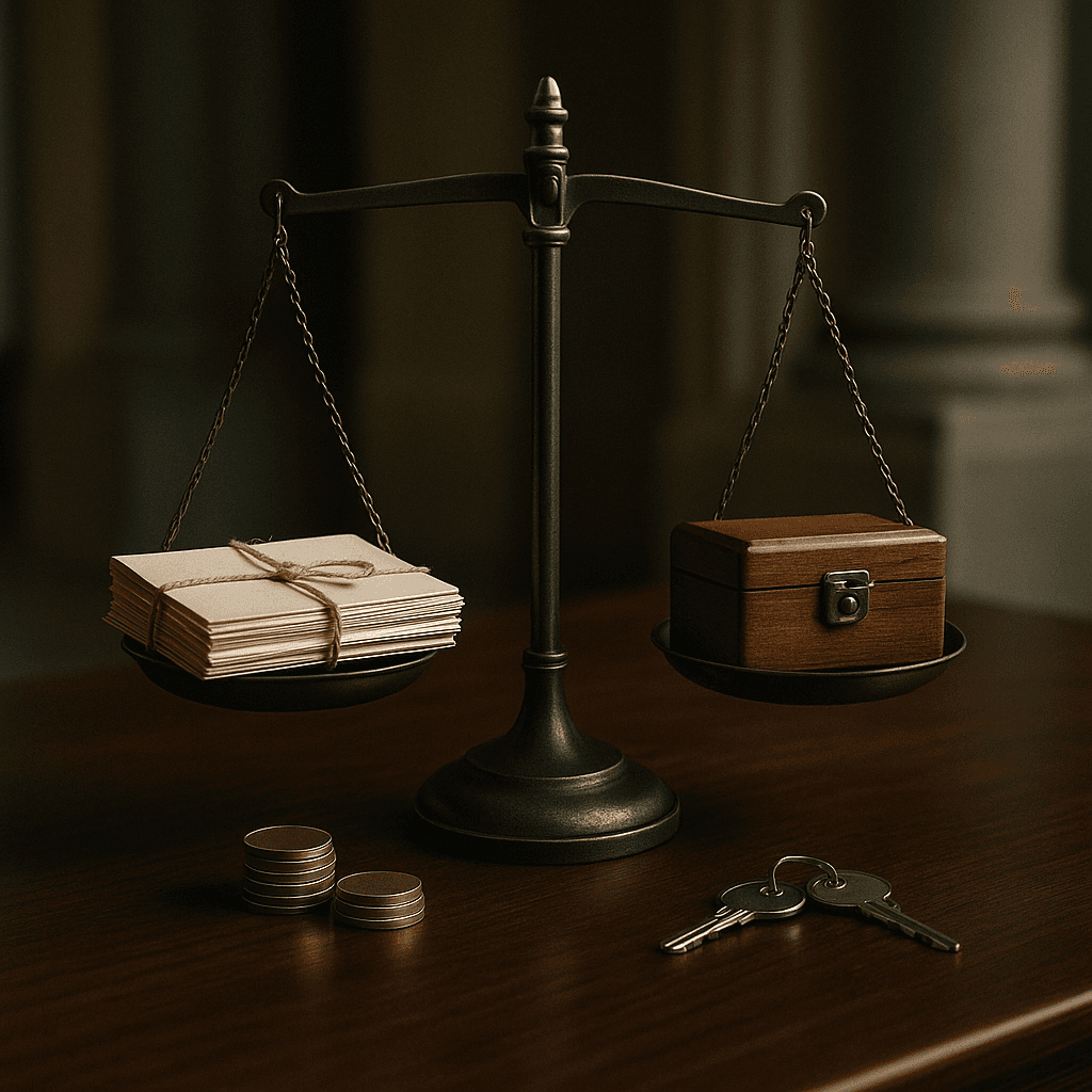 Heirs vs creditors priority shown with balance scale and estate items