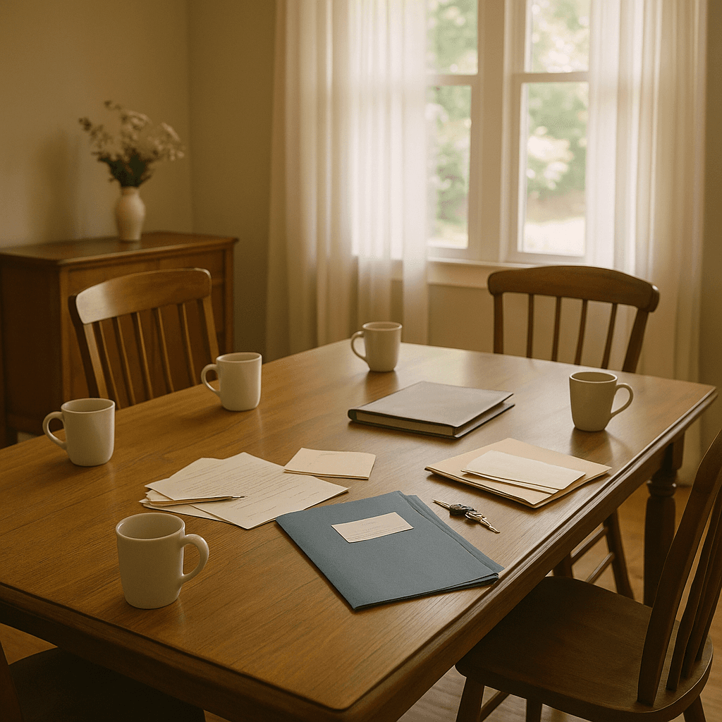 Estate planning meeting aftermath on dining table