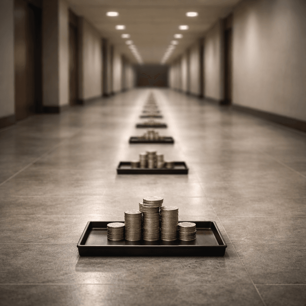 Long-term cost of getting inheritance early shown by shrinking token piles down a hallway