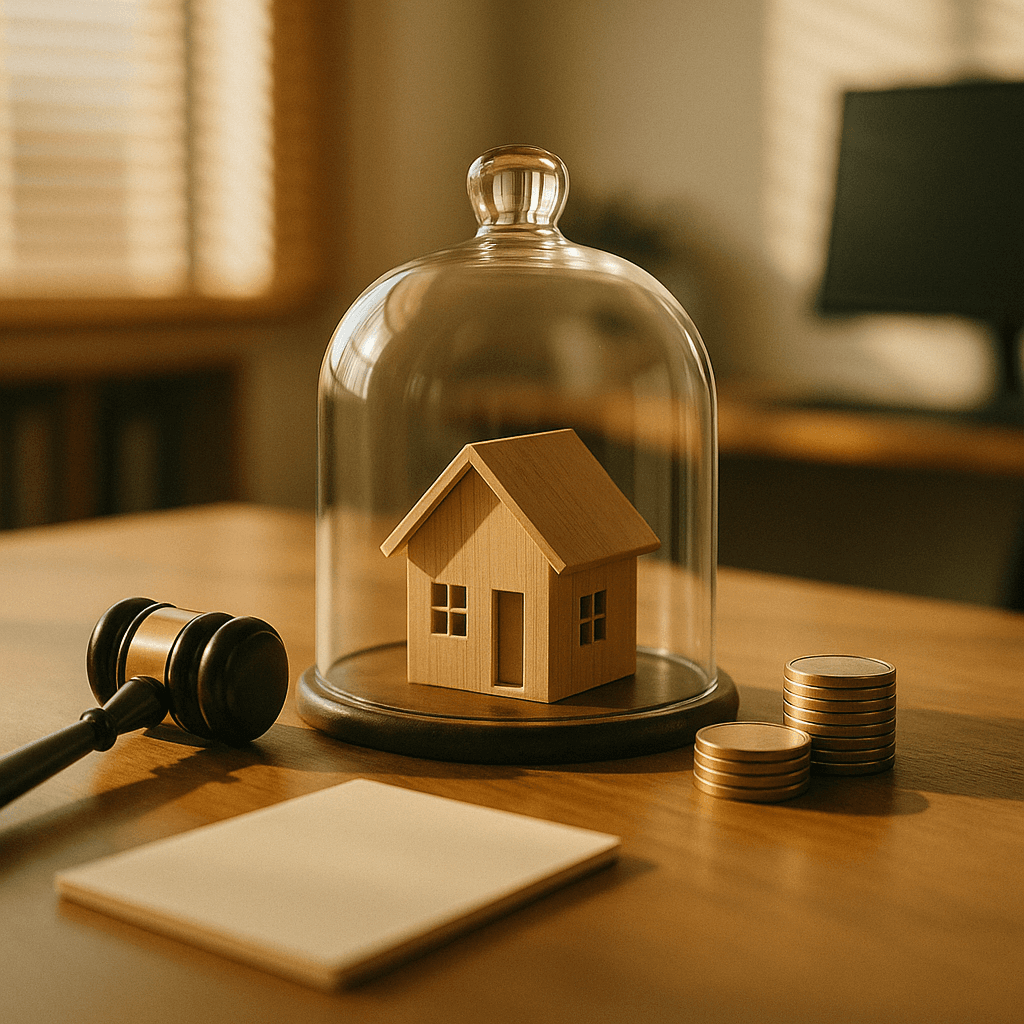 Probate funding concept preventing forced asset sales with house model under glass