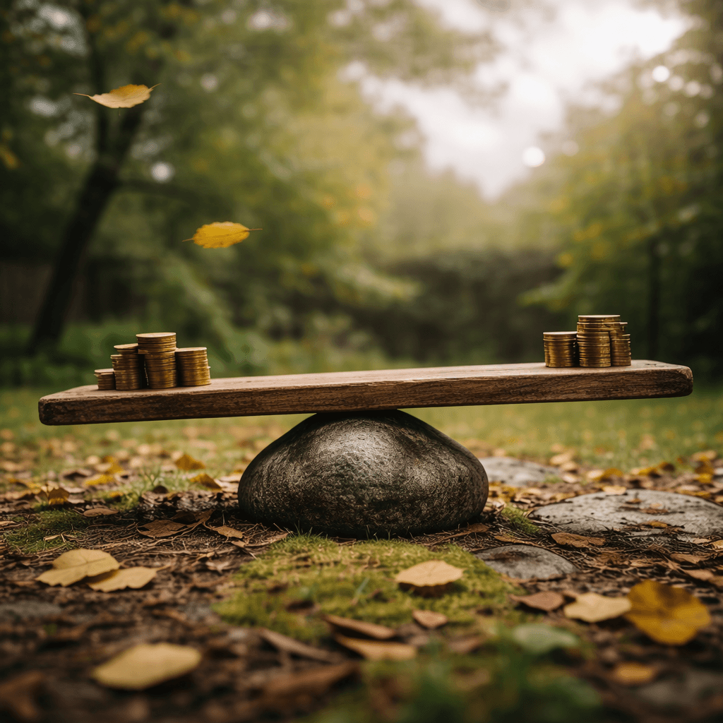 Market volatility concept shown by unsteady balance of tokens on a seesaw outdoors