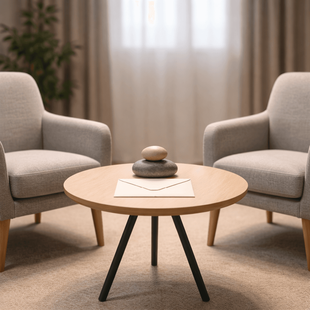 Mediation outcomes concept in empty room with balanced stones and inheritance envelope.