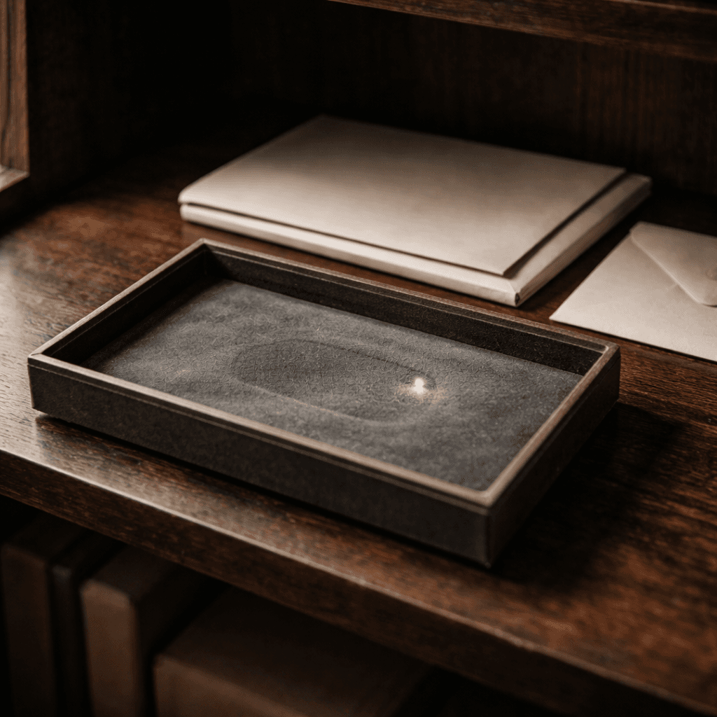 Ademption concept showing an empty velvet tray where an inherited gift is gone