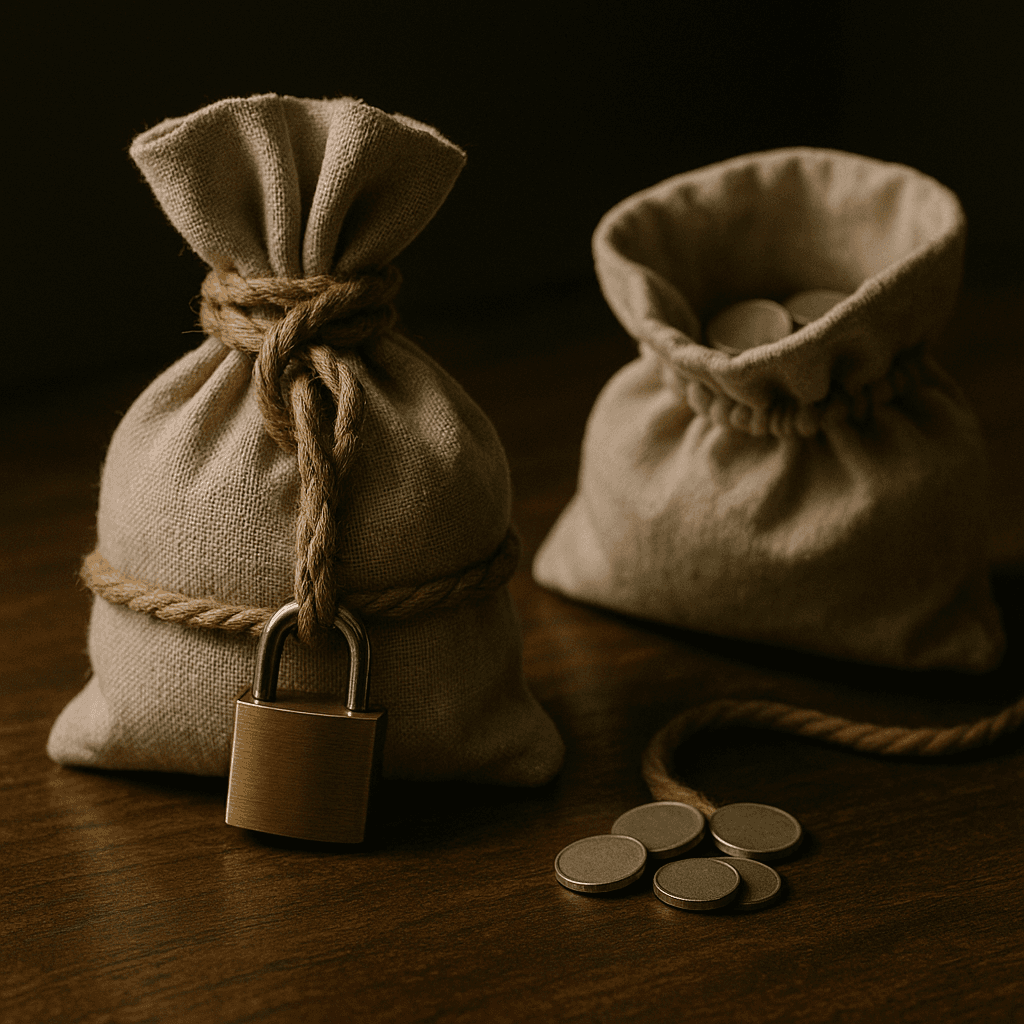 Spendthrift clause concept with locked pouch restricting access to inheritance funds