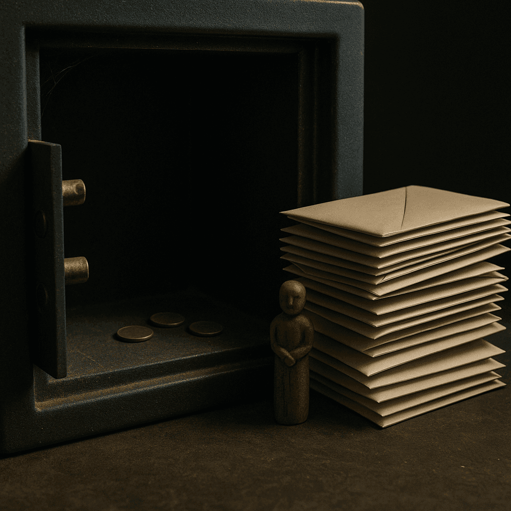 Insolvent estate concept with nearly empty safe and stacked obligations in envelopes