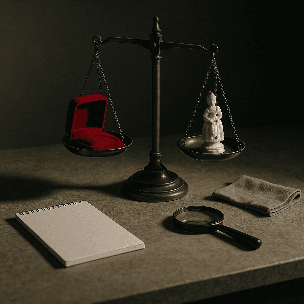 Valuation disputes image with balance scale comparing heirloom items during probate