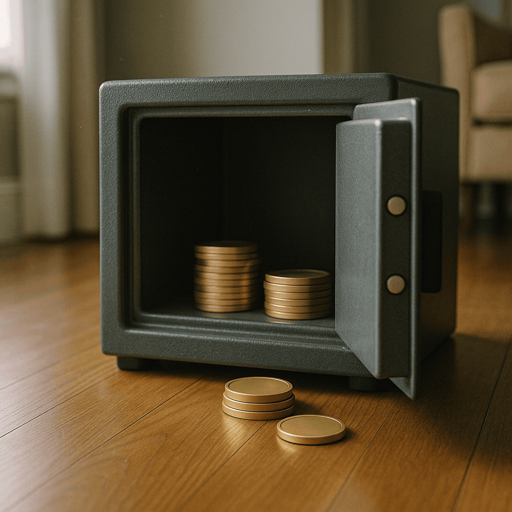 Partial inheritance early cash concept with open safe and separated unmarked tokens