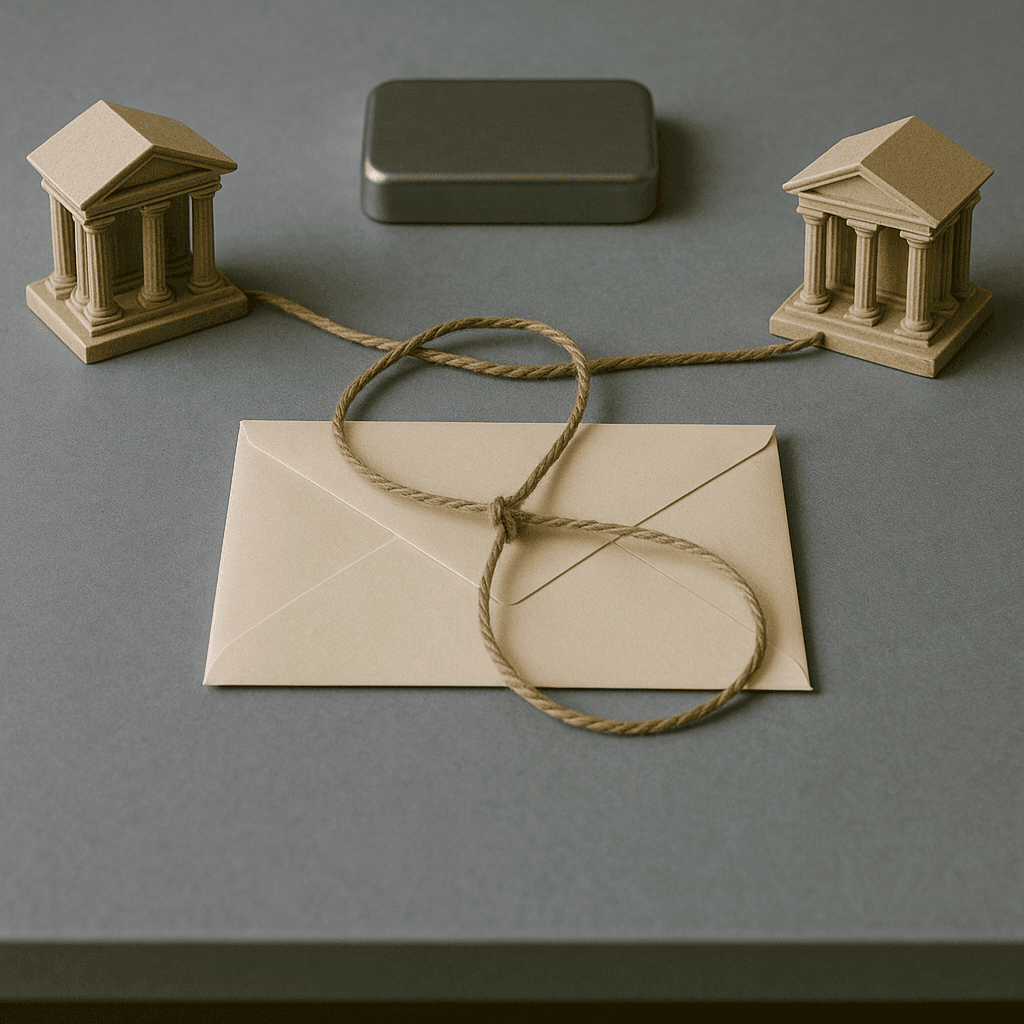 Ancillary probate delay concept with two courthouse models connected by twine and envelope