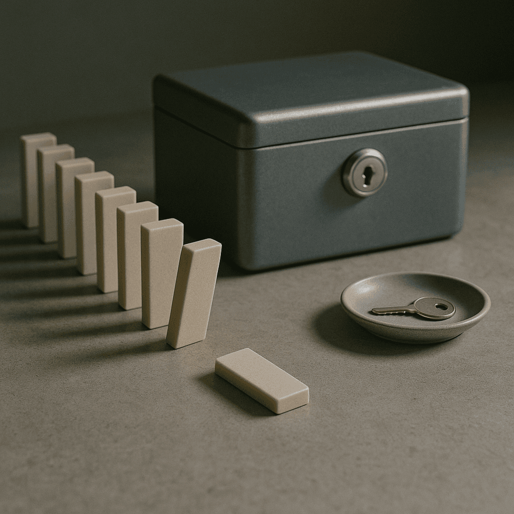 Contingent inheritance funding concept with domino chain leading to locked box