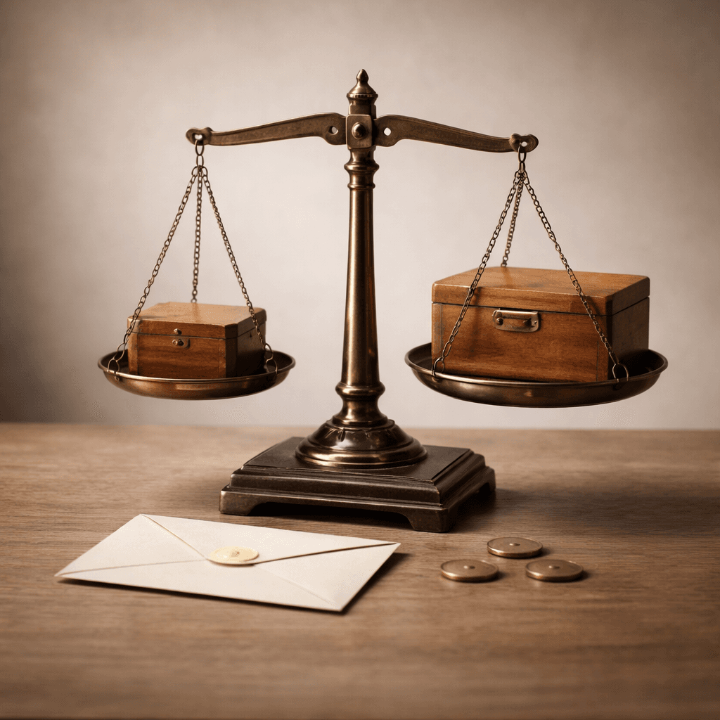 Unequal will concept shown by uneven balance scale with two different heirloom boxes