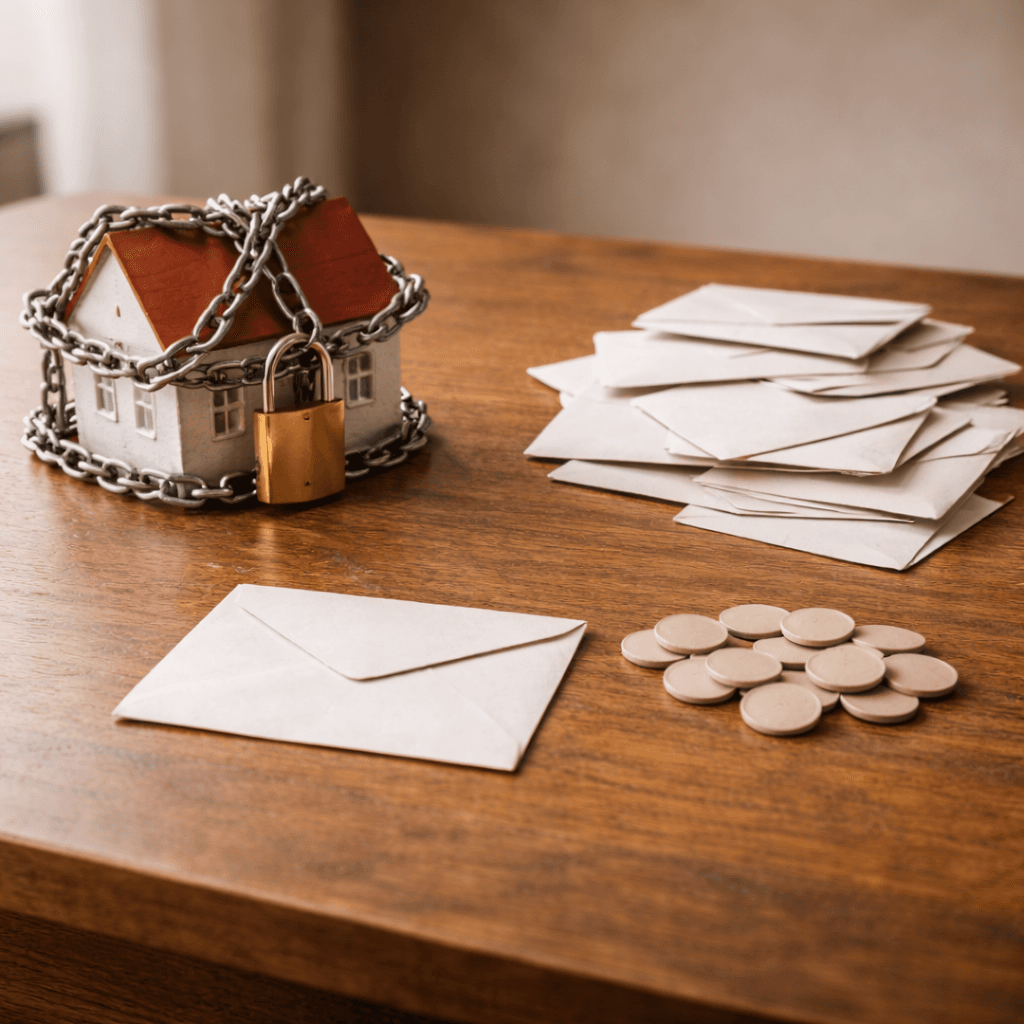 Secured vs unsecured debts concept with chained house model and loose envelopes