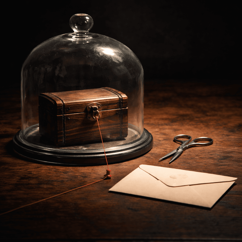 No-contest clause inheritance risk concept with protected box under glass cloche