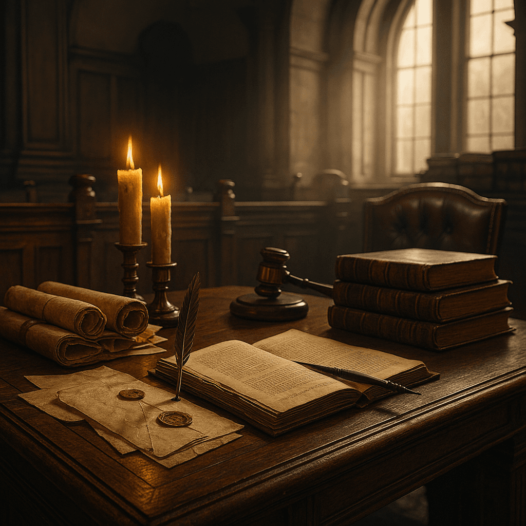 Antique legal documents, quill, and old courthouse