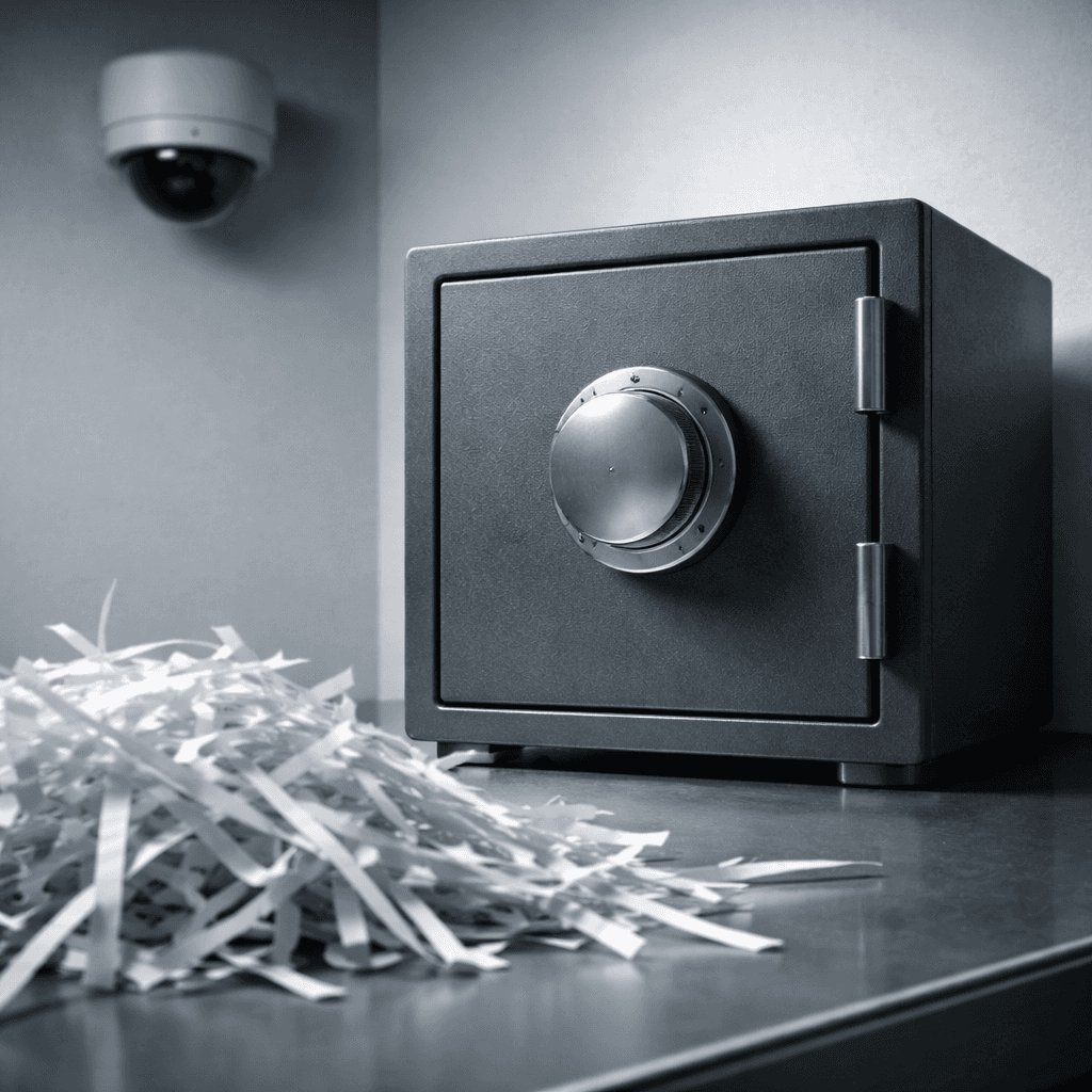 Probate funding fraud prevention concept with safe, security camera, and shredded papers