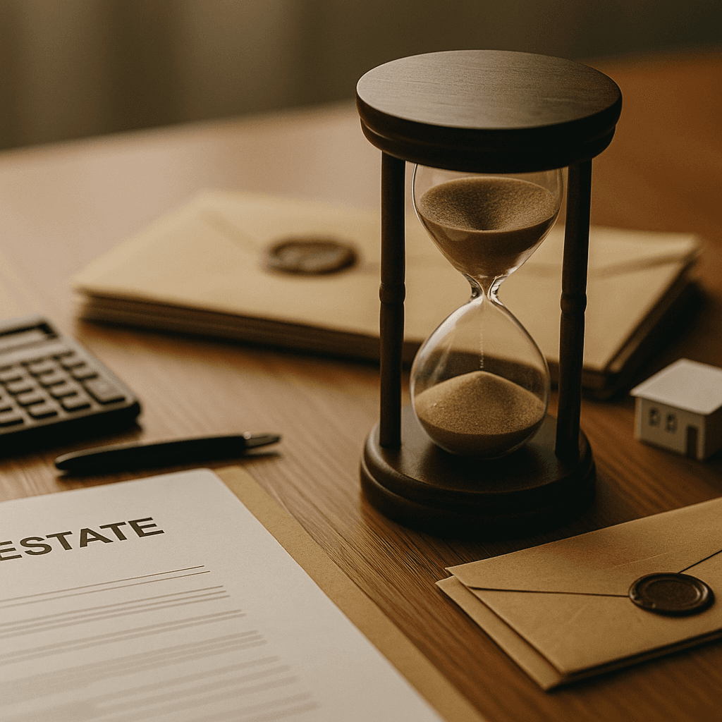 Hourglass on financial papers symbolizing the cost of waiting for probate.