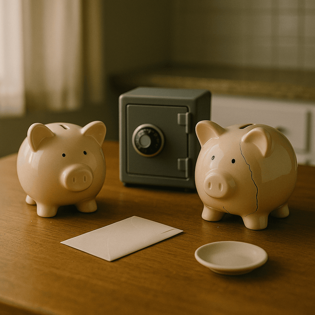 Family loans vs probate funding comparison using piggy banks and a small safe