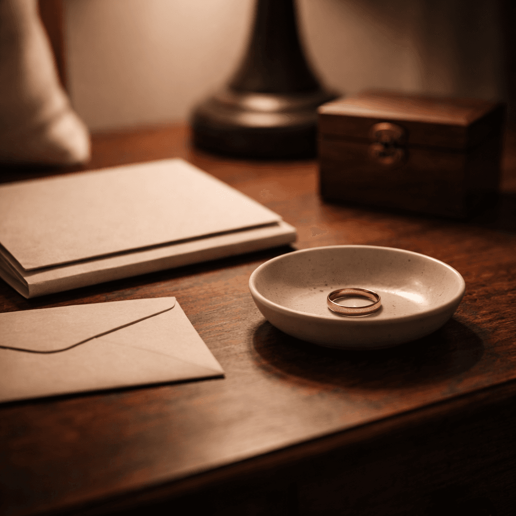 Elective share claim concept with wedding ring beside sealed estate envelope and folder