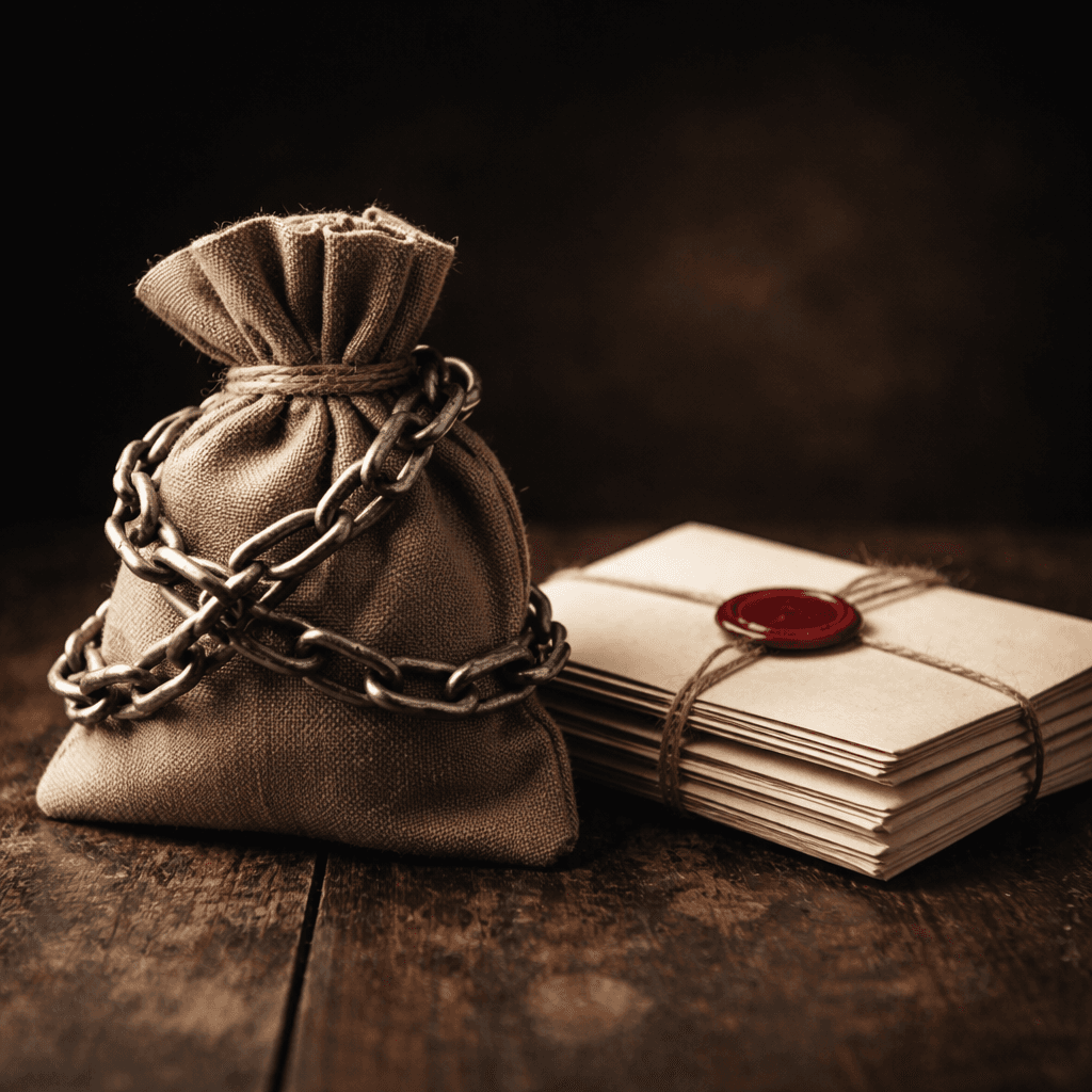 Tax debt concept with chained pouch and sealed envelopes representing inheritance advance considerations
