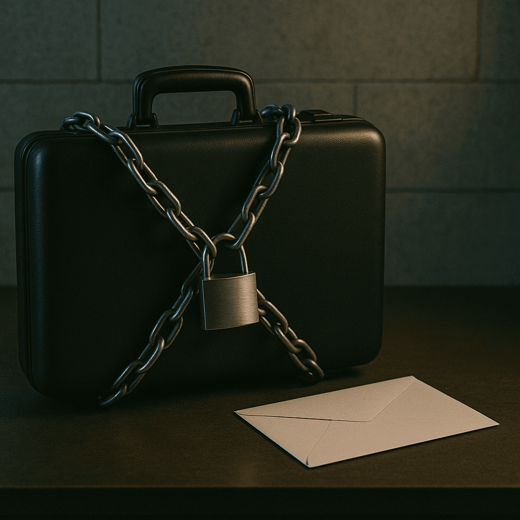 Judgments or liens concept shown by chained briefcase and sealed inheritance envelope