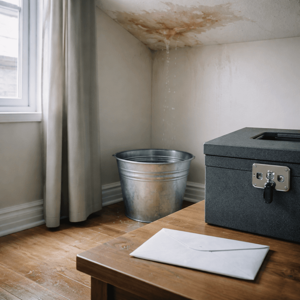 Insurance delays concept with water-damaged room and inheritance funding envelope on table