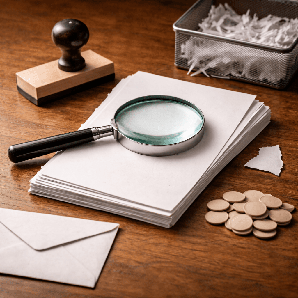 Disputing creditor claims concept with magnifying glass, blank papers, and estate envelope