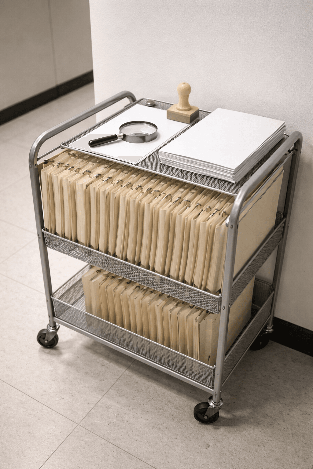 Probate docket tracking concept with file cart, blank folders, and magnifying glass